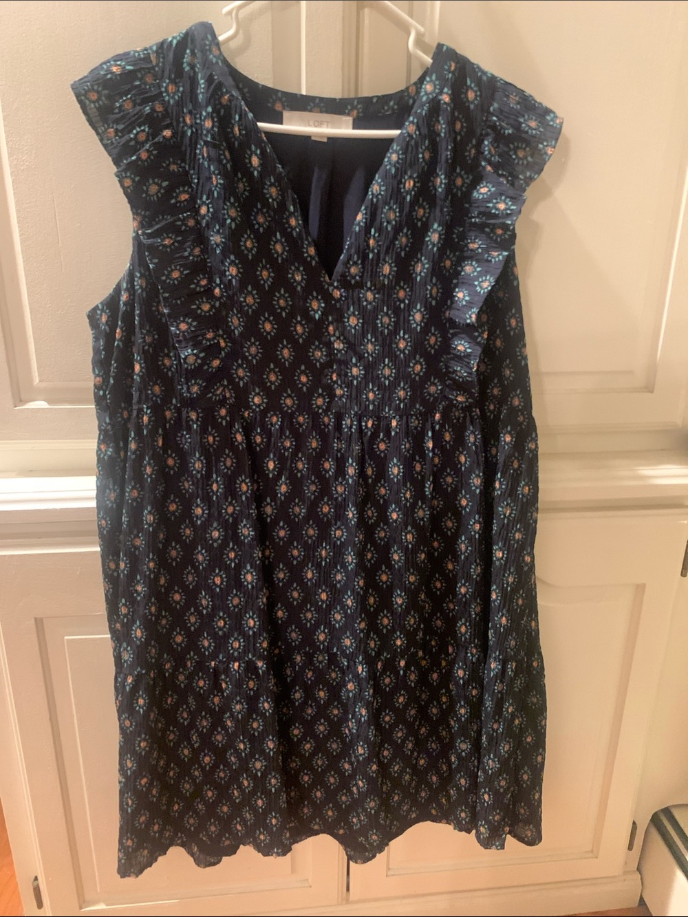 Girls Navy Blue Printed Ruffle Sleeve Dress